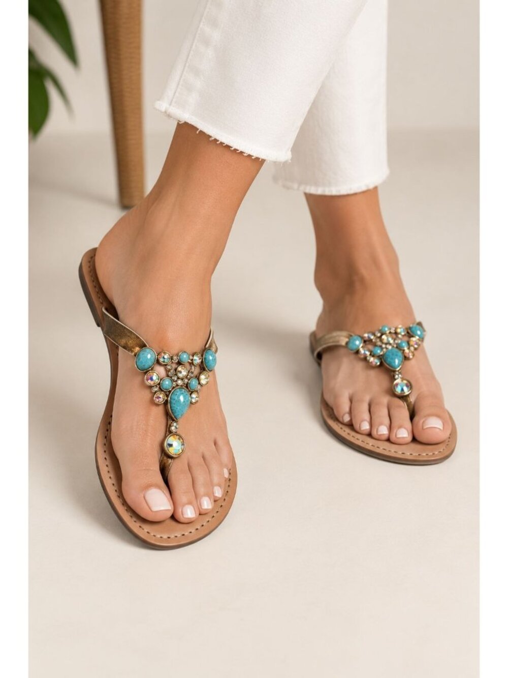 Mystique Womens Jeweled Leather Sandals With Rhinestone Accents Size 10